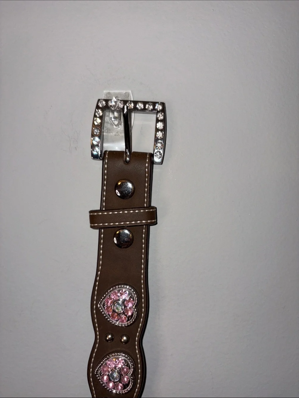 Nocona Brown Leather Kids Belt with Pink Rhinestone Conchos